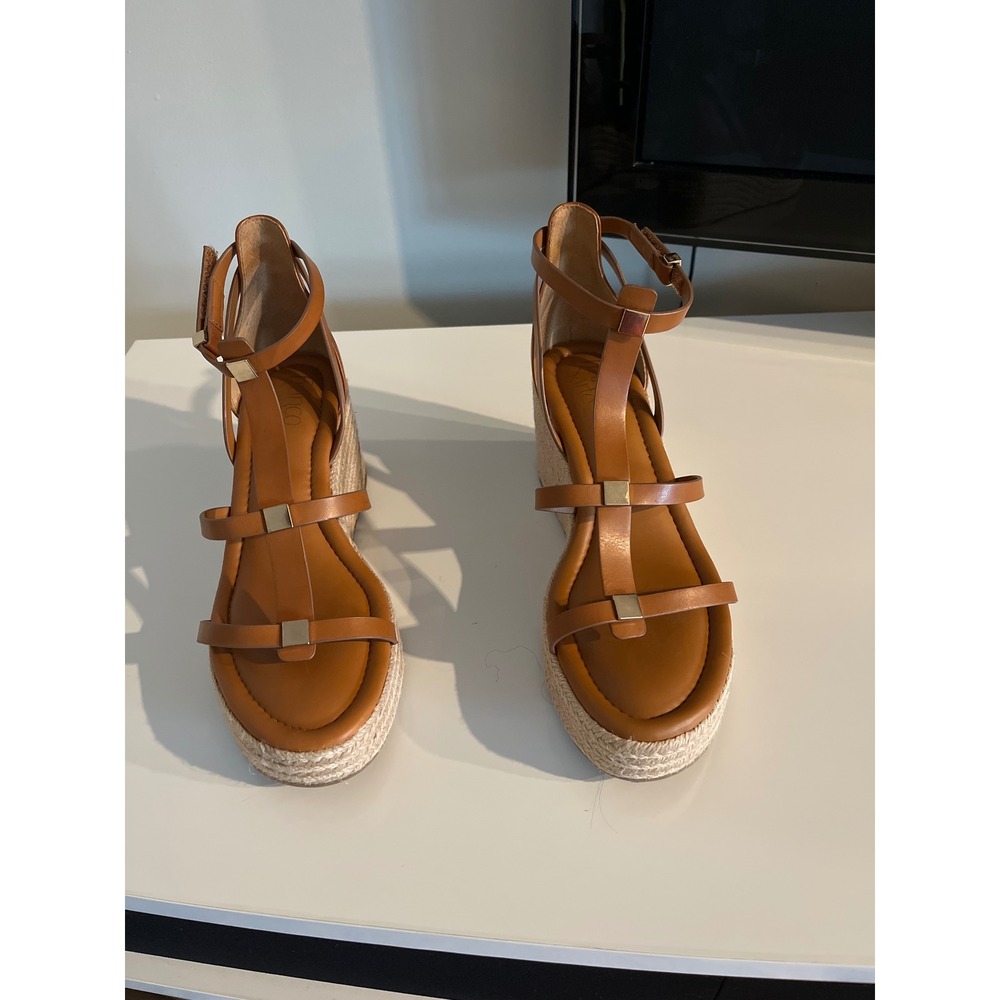 Franco Sarto Cognac Brown Leather Espadrille Wedge Sandals Gold Hardware Strappy